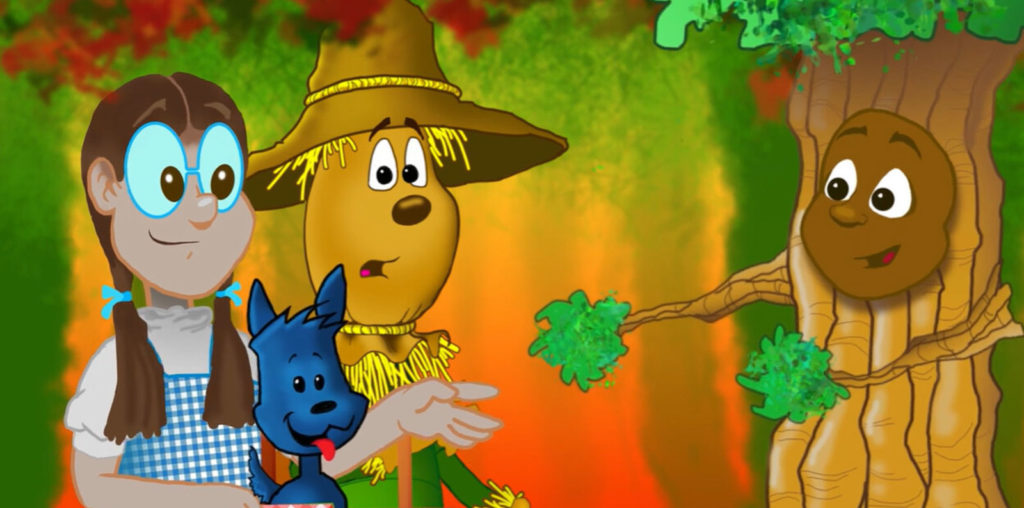 Animated Dorothy, Scarecrow, and tree character in a forest scene from McIntosh.