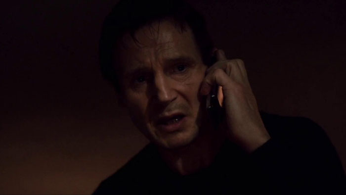 Liam Neeson on the phone delivering his famous threat in the action thriller Taken