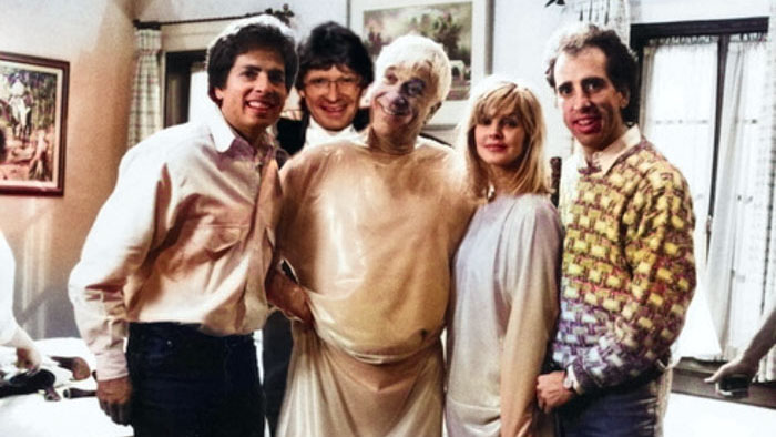 David Zucker, Pat Proft, Leslie Nielsen, Priscilla Presley, and Jerry Zucker on the set of The Naked Gun