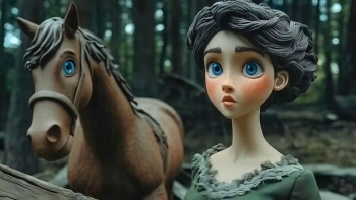 Stop-motion AI character Persephony with horse in A Very Long Carriage Ride