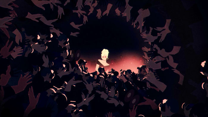 Animated Brigitte Bardot surrounded by a crowd of reaching hands in Bardot documentary