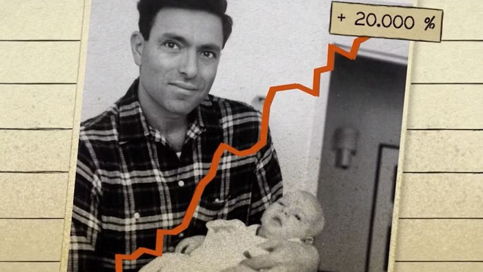 Archival photo of Harvey Schein holding a baby, overlaid with a rising financial graph in Death & Taxes.