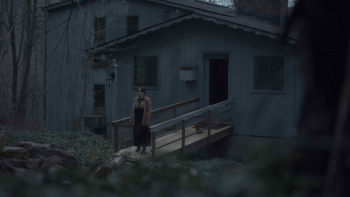 Woman stands outside a remote cabin in a wooded area from The Resonance