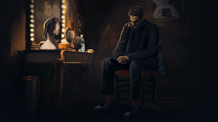 Animated depiction of Danny Gans backstage in Voices: The Danny Gans Story