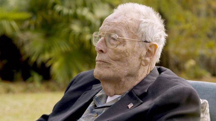 An elderly man reflects on Ralph Teetor's legacy in an interview scene from Blind Logic: The Ralph R. Teetor Story.