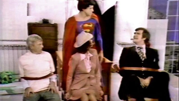 Superman arrives to rescue Lois Lane and others tied up by the villains in the 1975 TV special.