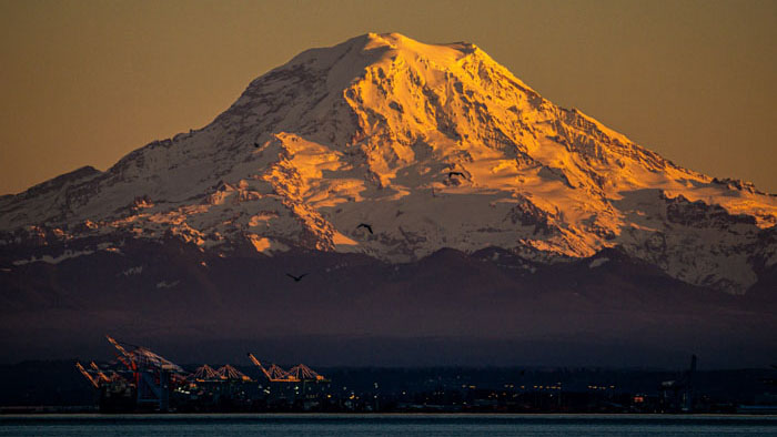 Sunset view of Mount Rainier from Vashon Island, Washington