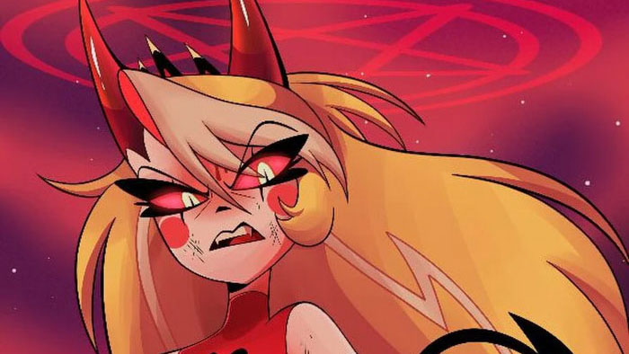 Animated demon girl with long blonde hair and horns against a red pentagram background.