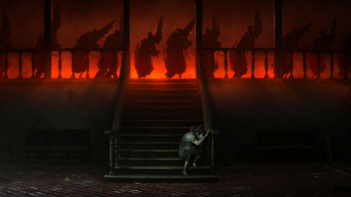 A terrified figure crouches at the bottom of a staircase as hooded ghostly figures loom above in The Quinta’s Ghost.