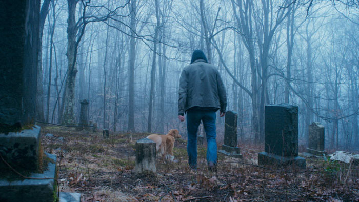 Todd and his dog Indy walk through a foggy cemetery in Good Boy