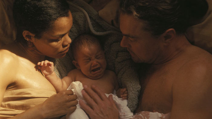 Leonardo DiCaprio and Teyana Taylor with their baby in One Battle After Another