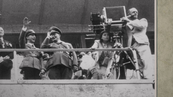 Leni Riefenstahl filming Olympia beside Nazi leaders Joseph Goebbels and Hermann Göring in 1936.