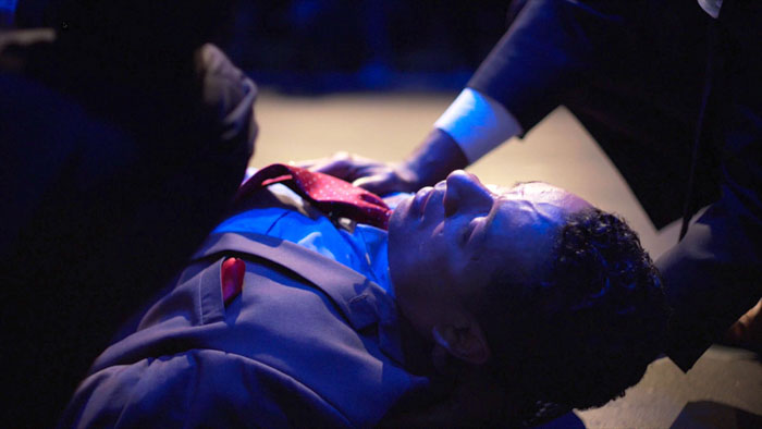 Text: Senator Joseph Ocasta lies wounded after an assassination attempt during his speech in The Republican.