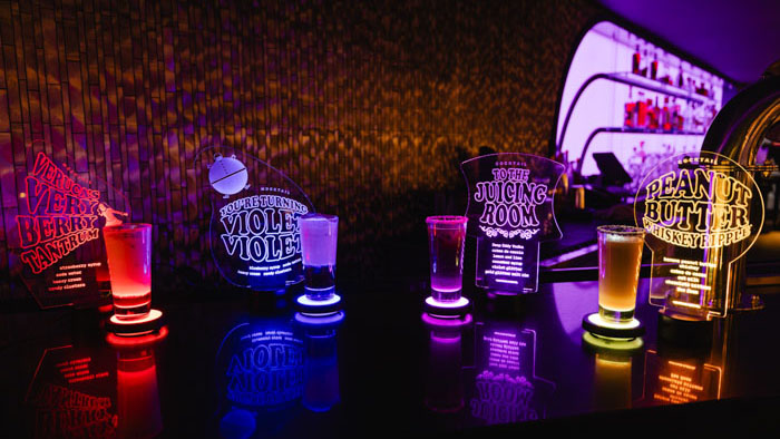 Wonka-themed cocktails at COSM inspired by Willy Wonka and the Chocolate Factory Shared Reality experience.