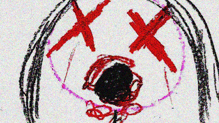 Creepy child drawing with crossed-out eyes from The Children Under The House (2025)