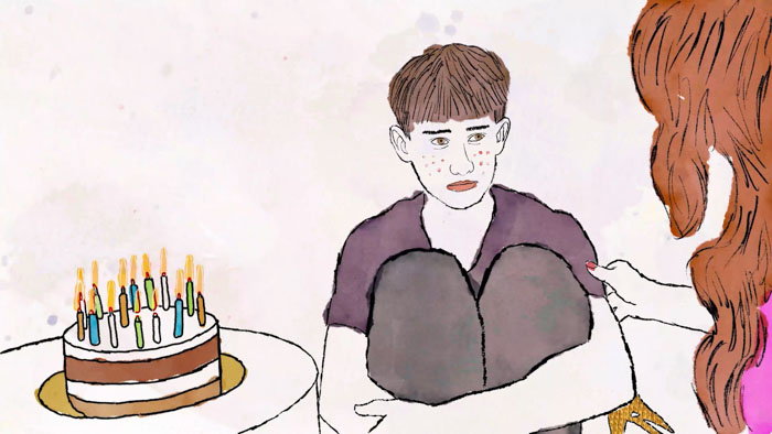 Douglas sits by a birthday cake while a burlesque dancer approaches in a rotoscoped scene from 1981. 