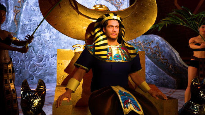 The Cryonic Pharaoh seated on a golden throne in a CGI-animated Egyptian chamber