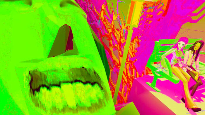 Angular neon 3D animated scene from Bootstrapping For The Boobied featuring Amber Wu in a surreal geometric environment