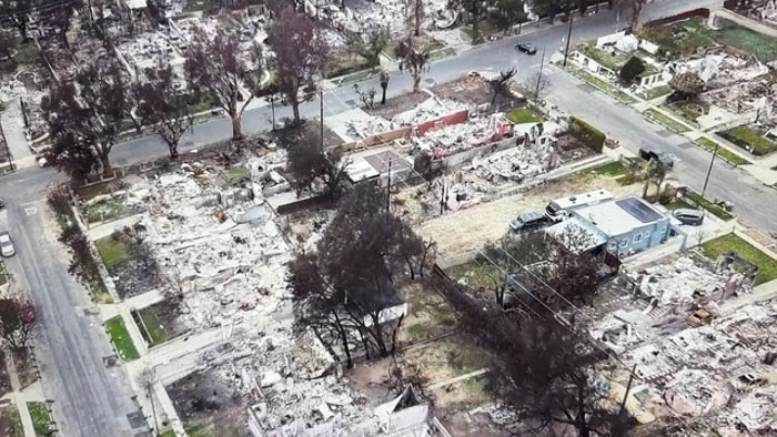 Aerial view of a neighborhood reduced to rubble after the Eaton Canyon fire, with scattered trees and streets visible.