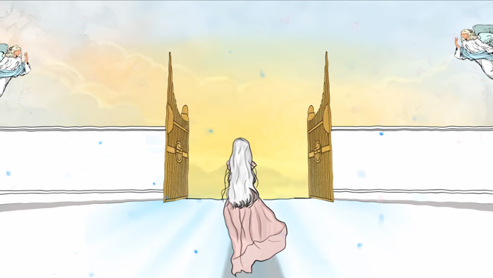 An animated figure approaches golden gates in Afterlife: Beyond the Light.