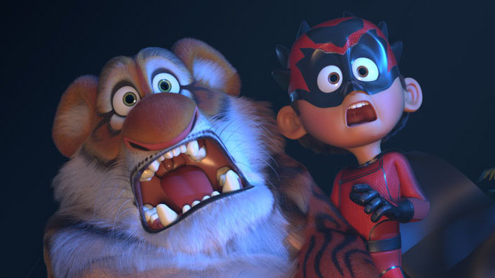 Mohsen (Rómulo Bernal) and Tiggy react in fear in Extinction: Animals Unite.
