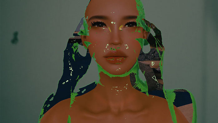 Mis$ Mickey (Mickey Cundapí) in Mickey with a distorted digital self-portrait effect across her face.