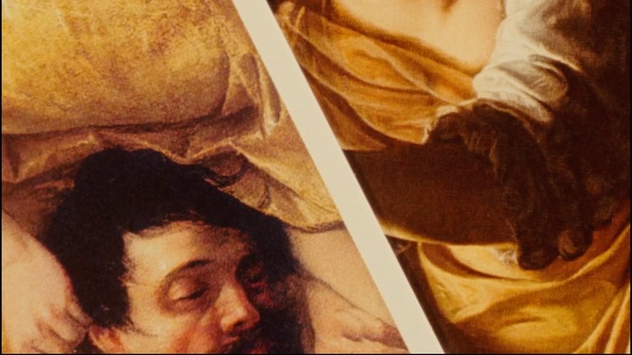 A split-frame detail of Artemisia Gentileschi's Judith Beheading Holofernes as seen in Counter-Reformation.