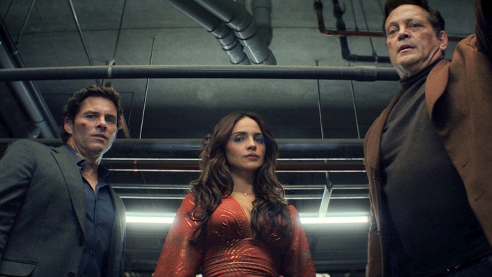 Mike (James Marsden), Alice (Eiza González), and Nick (Vince Vaughn) look down in a parking garage in Mike & Nick & Nick & Alice.