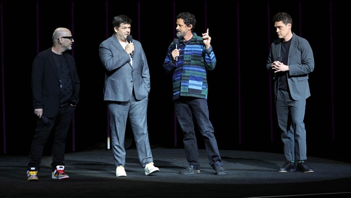 Phil Lord, Chris Miller, Bob Persichetti, and Justin K. Thompson onstage for Spider-Verse at CinemaCon 2026 in Las Vegas.