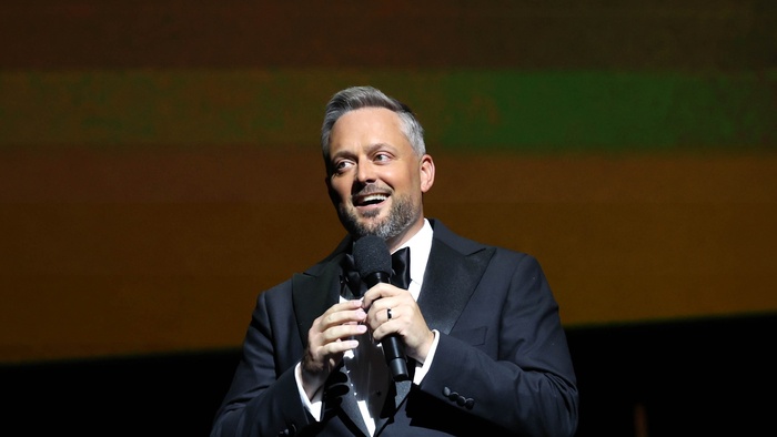 Nate Bargatze onstage presenting The Breadwinner at CinemaCon 2026 in Las Vegas.