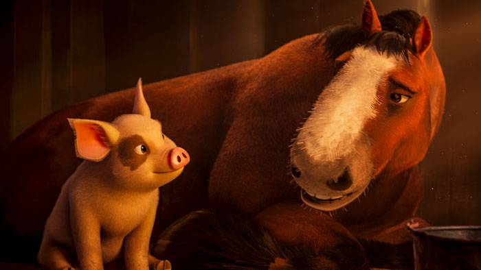 Lucky, a young pig, stands beside Boxer, the loyal workhorse, in a barn scene from Animal Farm.