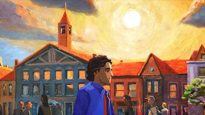 Anyone walks through a vibrant town square bathed in golden light in anyone lived in a pretty how town.