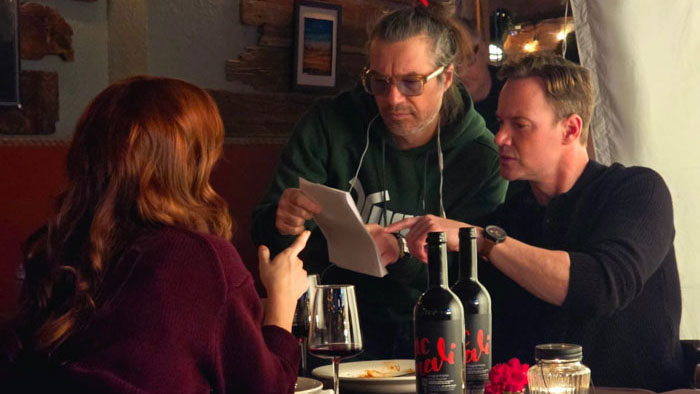 Director Boris Mojsovski reviews footage during production of Foreign Tongue.
