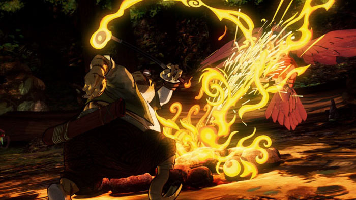 The samurai frog battles an enemy with a fiery explosion of sparks in a forest scene from Samurai Frog Golf.