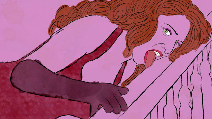 A red-haired animated woman leans forward with her tongue out in the short film 1981.