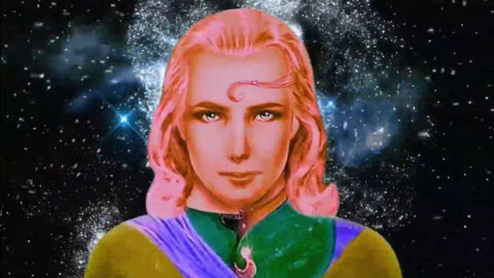 An illustrated alien figure with pink hair and a cosmic background in Dark Alliance: The Next Generation.
