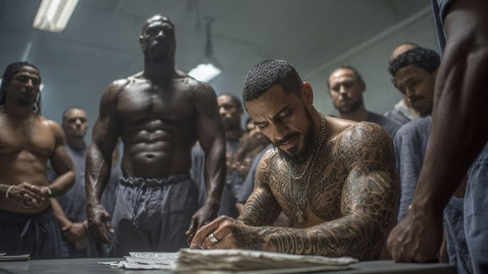 A tattooed inmate writes lyrics at a table while other prisoners gather around him in Jail Time Records.