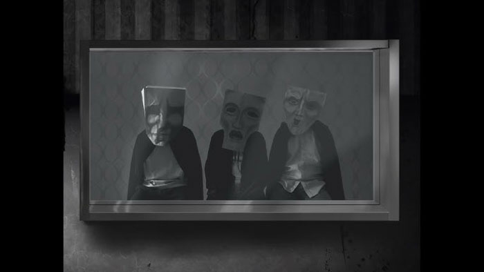 Masked figures appear behind glass in John’s First Tattoo.