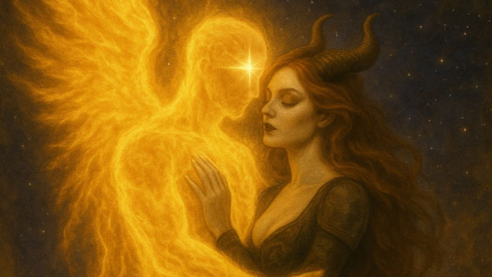 Lilith faces a glowing angelic figure in the motion comic Lion of God: Q is for Quantum.