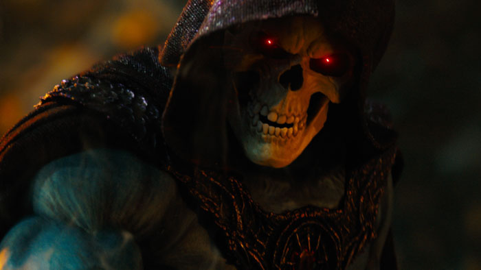 Skeletor (Jared Leto) with glowing red eyes in Masters of the Universe.