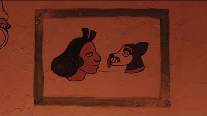 Wall art of a person facing a xolo dog in Xolo.