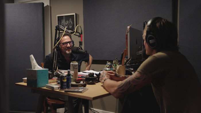 Marc Maron recording in a podcast studio in Are We Good?