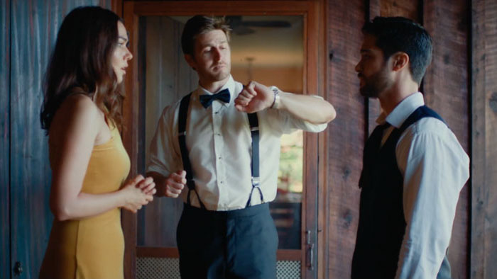 Rose (Kelly Russo) confronts Ryan (Travis Laughlin) and Mark (Reed Arnold) before the wedding in Do Us Part.