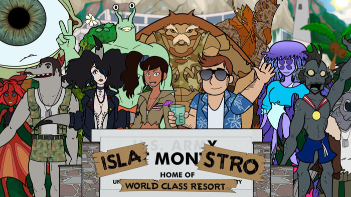 Duke and the full cast of monsters gather at the Isla Monstro World Class Resort entrance sign in promotional key art.