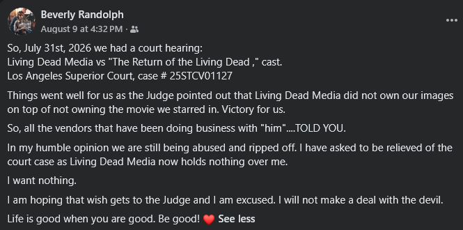 Beverly Randolph Facebook post about lawsuit settlement
