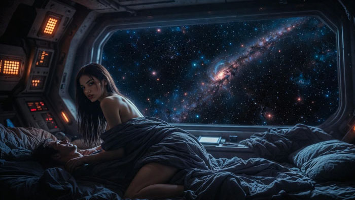 Tara watches over Brio in their ship's quarters before disaster strikes in Escape From Planet Omega-12.
