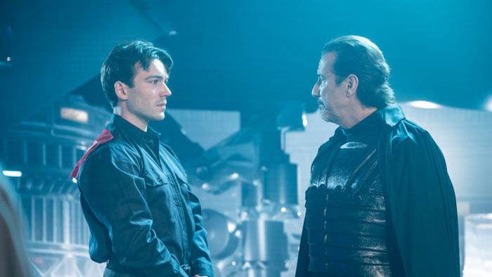 Arial (Rory Gibson) confronts Feran (Henry Ian Cusick) in Fugitive from Asteron.