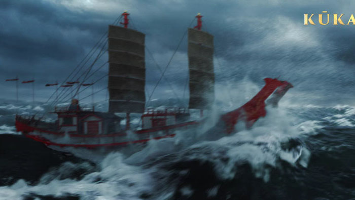A ship battles a storm at sea in the documentary Kukai.