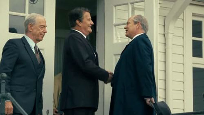 Jeff Daniels as Ronald Reagan shakes hands with Jared Harris as Mikhail Gorbachev in The Brink of War.