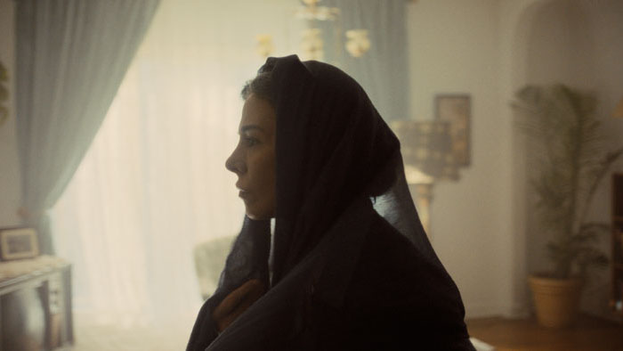 Roya (Shabnam Tolouei) stands in a dim room wearing a black headscarf in The Last Mullet.